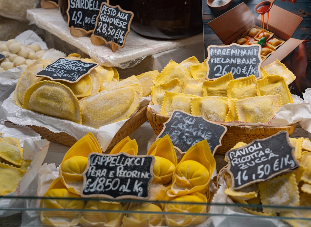 Various types of fresh pasta with price tags